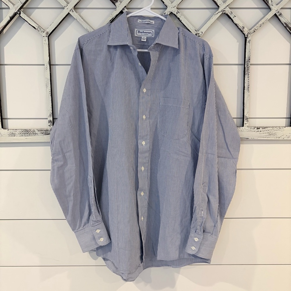 Burberrys Men's Blue White Striped Classic Dress Shirt Button Down 16.5 35 Large